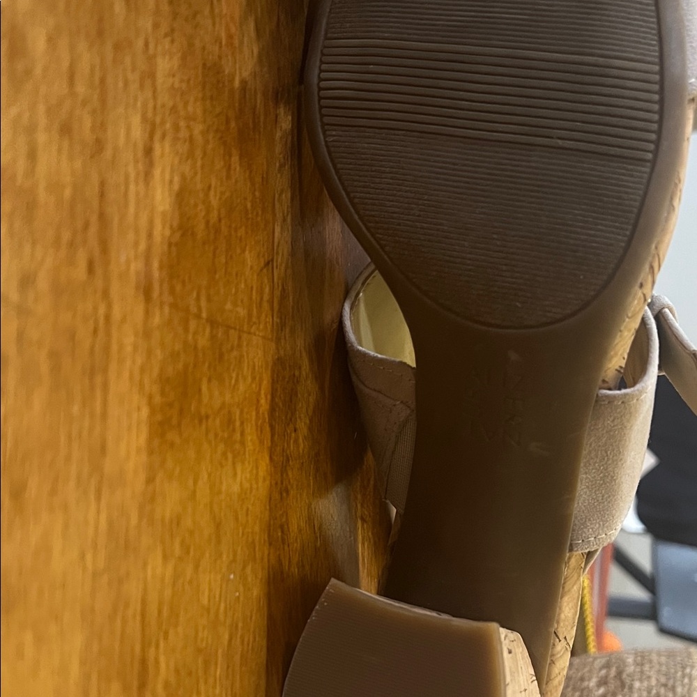 Naturalizer Kaylee Light Beige Suede Cork Block Heel Sandals - Picture 3 of 4